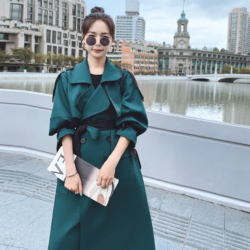 Fashion New Big Lapel Windbreaker Women's Mid length Over The Knee Green - Shop at LoveMi