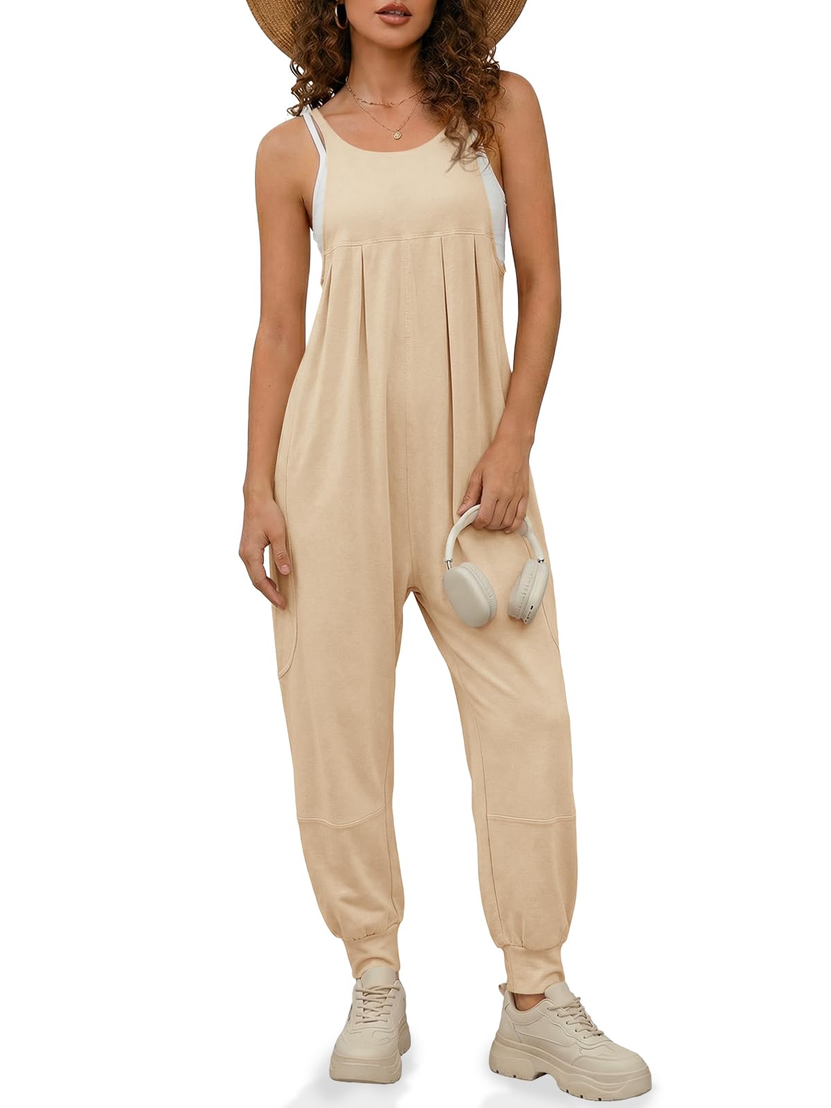 Fisoew Jumpsuits For Women Summer Casual Overalls Spaghetti Strap Sleeveless Ple