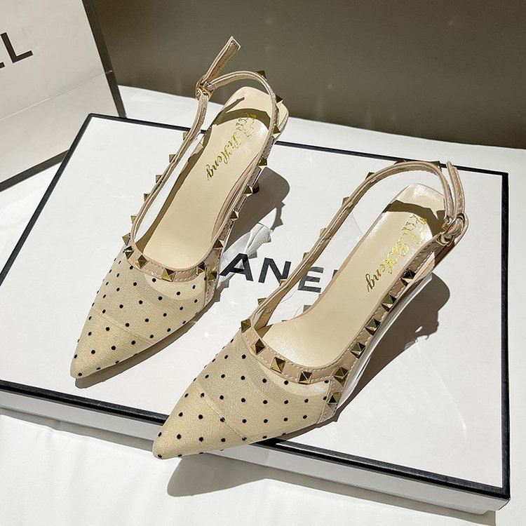 Women's Polka Dot Mesh Studded Pointed Toe Slingback Stiletto Sandals