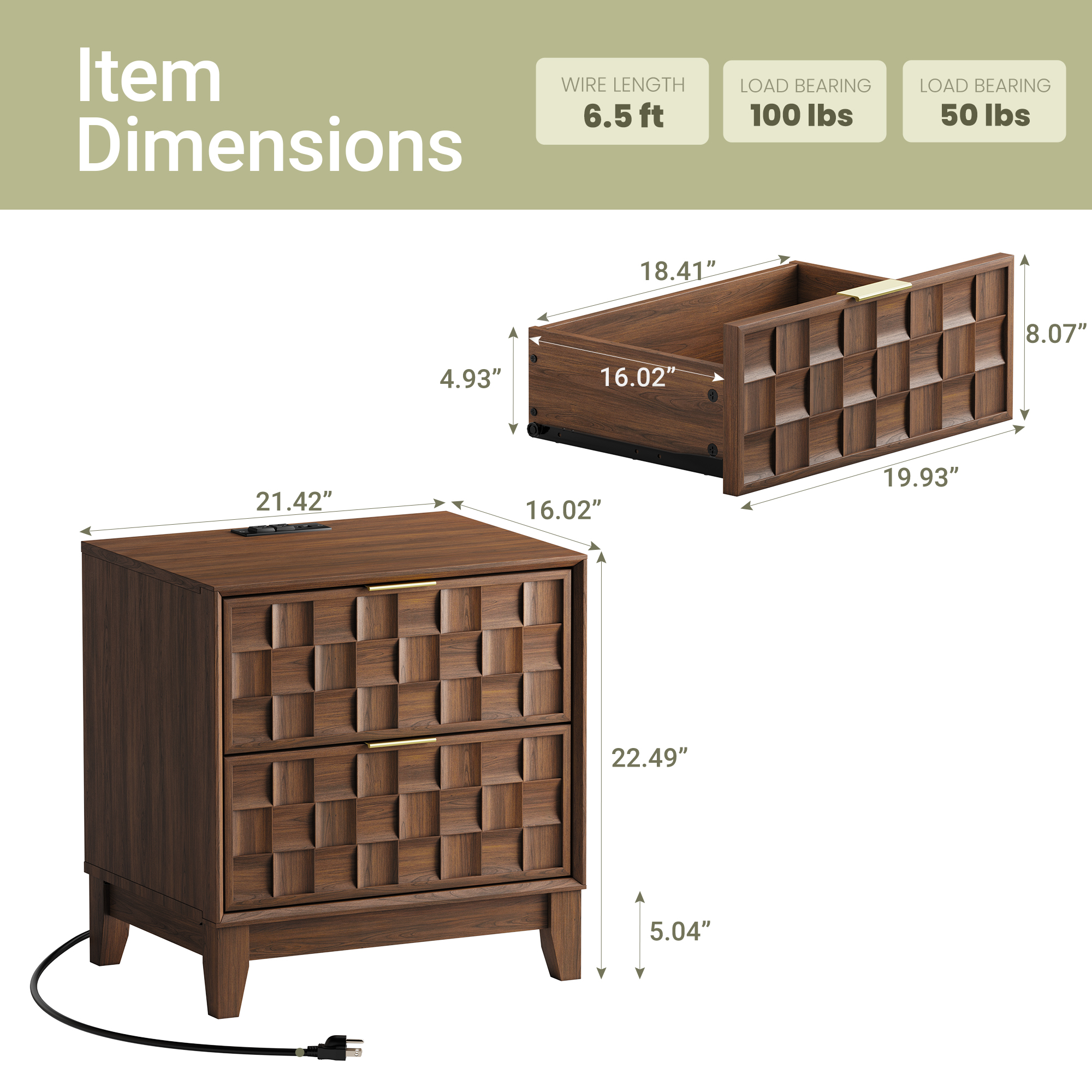 Night Stand With Charging Station, Wooden Nightstand Bedside Table, 2 Drawers With Chessboard Relief And Charger, Oak - 11