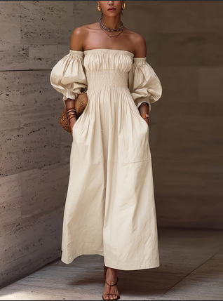 3 Color Option Off Shoulder Puff Sleeve Smocked Waist Pocketed Flowy Maxi Dress