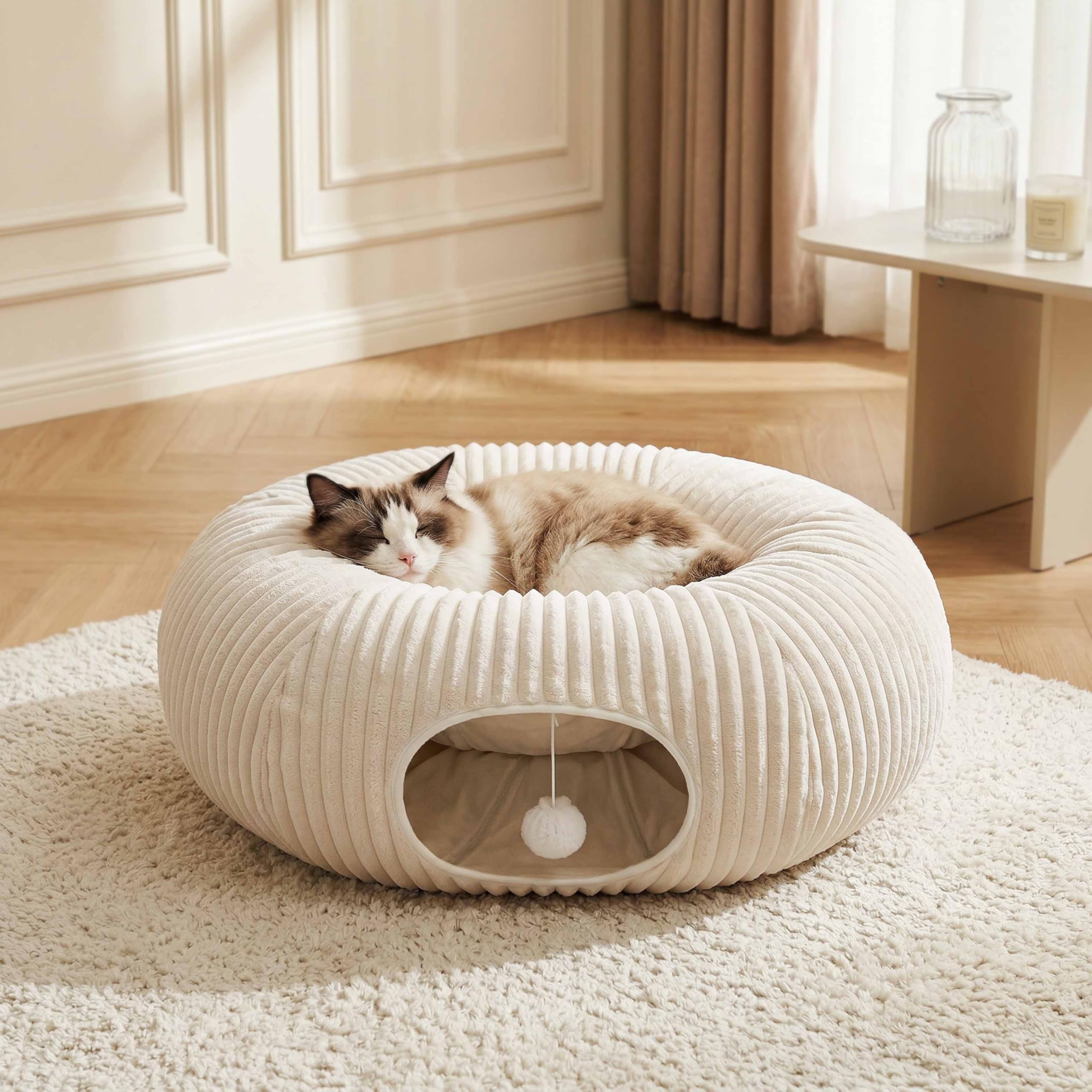 Cat Tunnel Bed With Interactive Cat Toys, Cat Tube With Kitten Toys For Indoor Kittens, Collapsible Play Tunnel, White