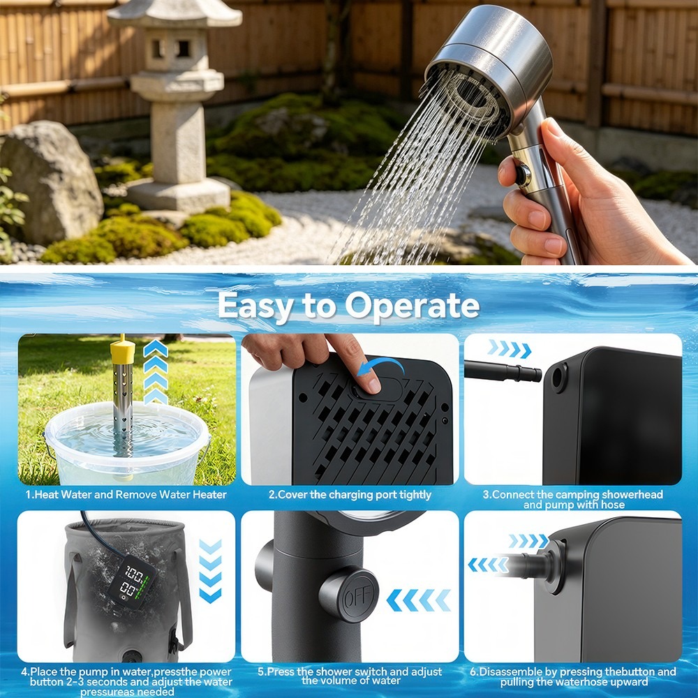Portable Shower Pump USB Rechargeable W 20L Collapsible Bucket Camping Wash — image 7