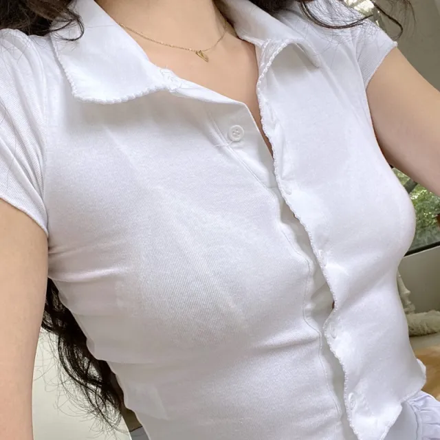 Simple Slim Polo Collar Knitted T shirt Women White Inner - Shop at LoveMi