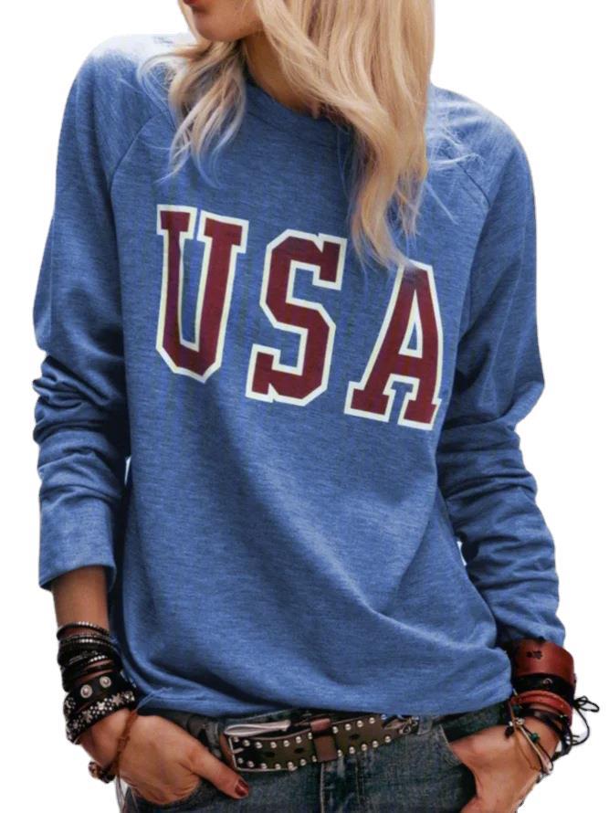 Women's Printed Letter Round Neck Long Sleeve Top