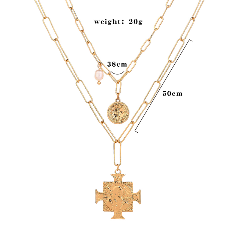European and American cross-border jewelry Punk metal lattice chain character cross double layer necklace retro pearl necklace