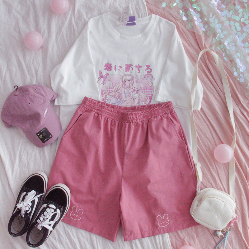 Printed Short-sleeved T-shirt Girly Summer Japanese College Style Dark Soft Girl Loose Top