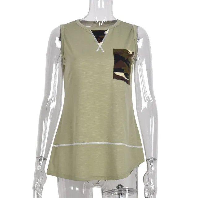 Summer Crew Neck Contrast Loose Tank Top Sleeveless TShirt Tan - Shop at LoveMi