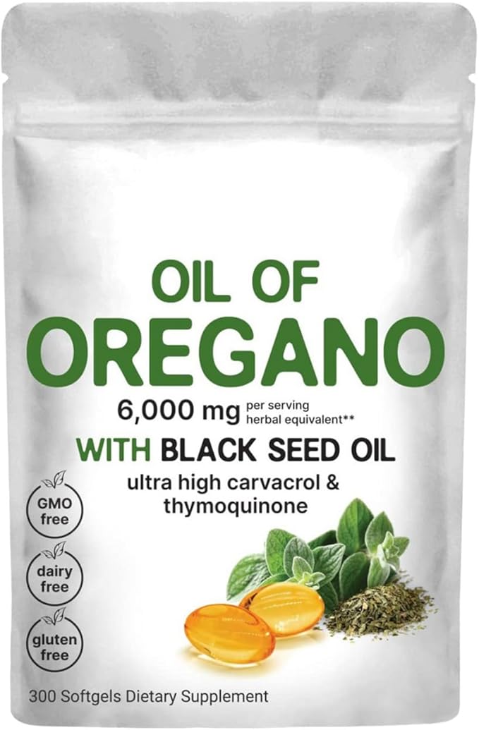 Oregano Black Seed Oil Softgels, 300 Capsules. 2 in 1 Oil of Oregano Softgels Each serving of oil of oregano capsules contains 6,000mg oil of oregano with 200mg black seed oil. Oil of oregano with black seed oil are combined into one and work together Pre