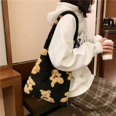 One-shoulder Tote Bag Plush Carry - Black - View 1