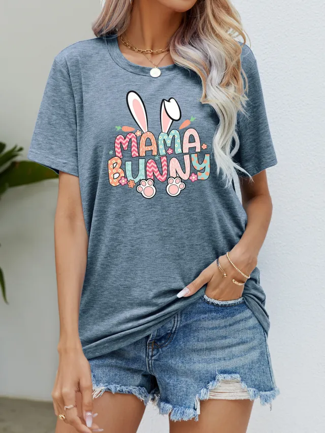 Summer Casual Round Neck Short Sleeves Printed T shirt Top For Women Blue - Shop at LoveMi