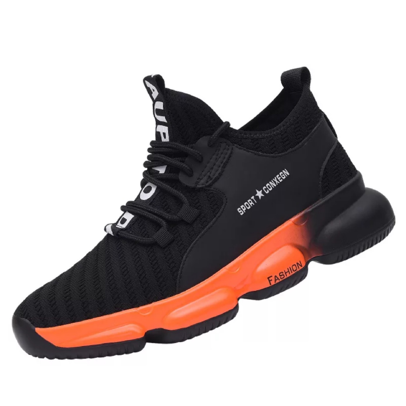 Black shoes with orange soles