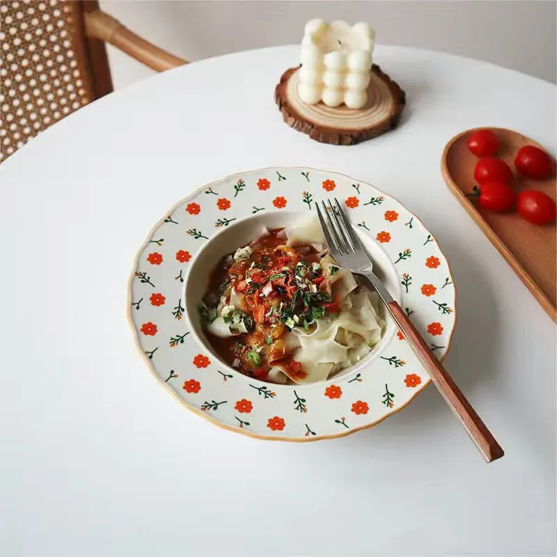 Western Restaurant Deep Soup Plate Pasta Home Dish Plate - Orange Flowerstraw Hat Plate