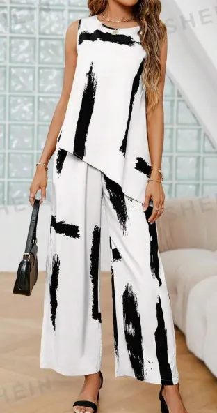 Women's Printed Round Neck Sleeveless Top And Long Pants Set White - Shop at LoveMi