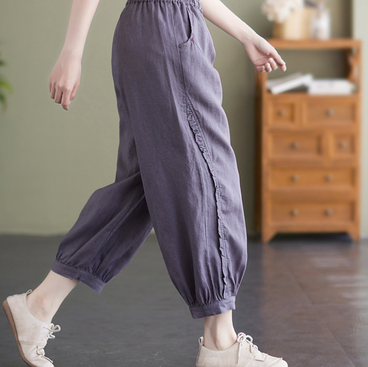 Large Size Women's Korean Style New Cotton Linen Casual Ninth Pants