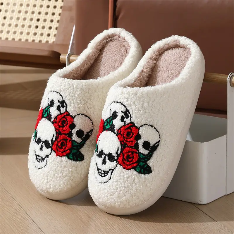 Halloween Plush Slippers with Skull and Bat Designs — Skeleton Rose, 40to41