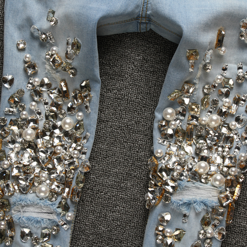 Hand Beaded Jeans Women's Cropped Trousers With Rhinestones And Ripped Feet