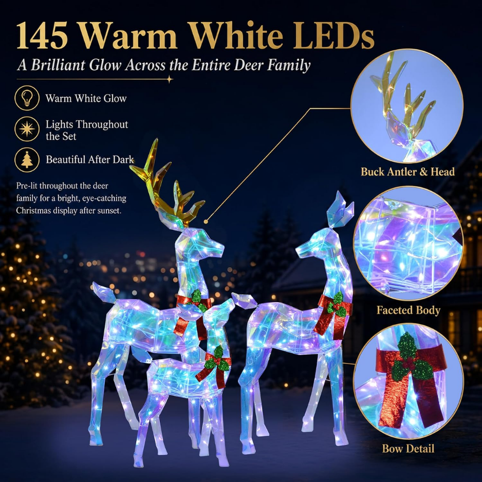 48 INCH 3 Piece 2.5D Colorful Lighted Christmas Deer Family Outdoor Decorations, Clear-Look Reindeer Set With 145 Lights, Gold Antlers, Stakes And Zip Ties For Yard Lawn Porch Garden Holiday Decor