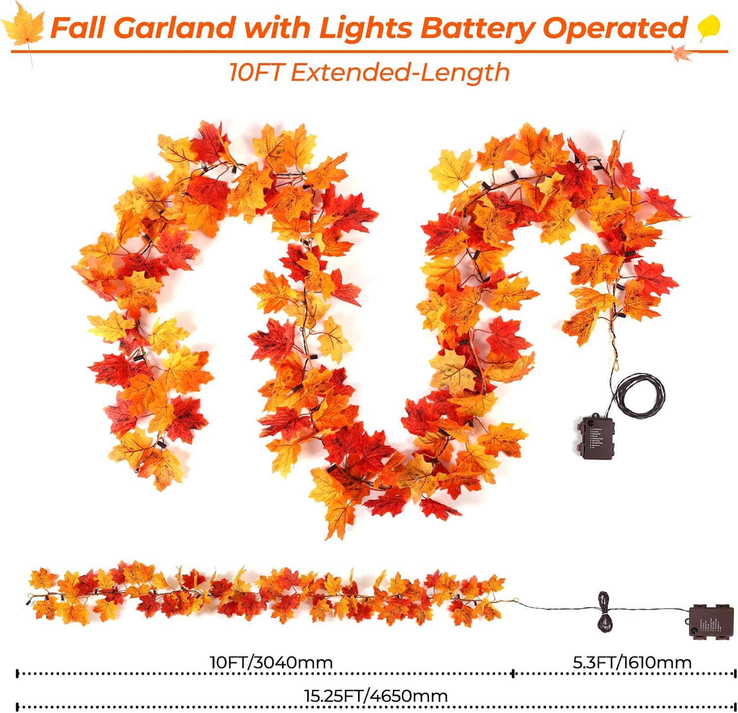 10FT 50 LED Fall Garland With Lights, Battery Operated Timer Garland With Orange Bulbs For Autumn Decor 3