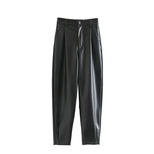 Spring New Imitation Leather Elastic Waist PU Trousers Black - Shop at LoveMi