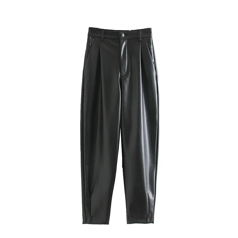 Spring New Imitation Leather Elastic Waist PU Trousers - Black