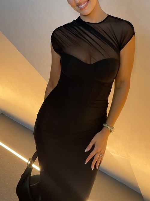 Black Mesh Overlay Bustier Bodycon Maxi Dress