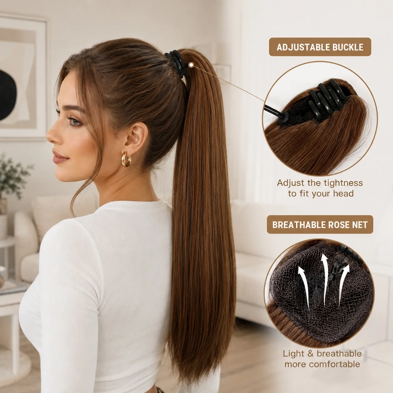 Straight Ponytail Extension Drawstring Ombre Brown LongClip-in