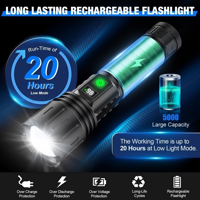 Rechargeable Ultra Bright Flashlight 3000mAh Lasting IP67 Waterproof Smart Digital Display For Camping