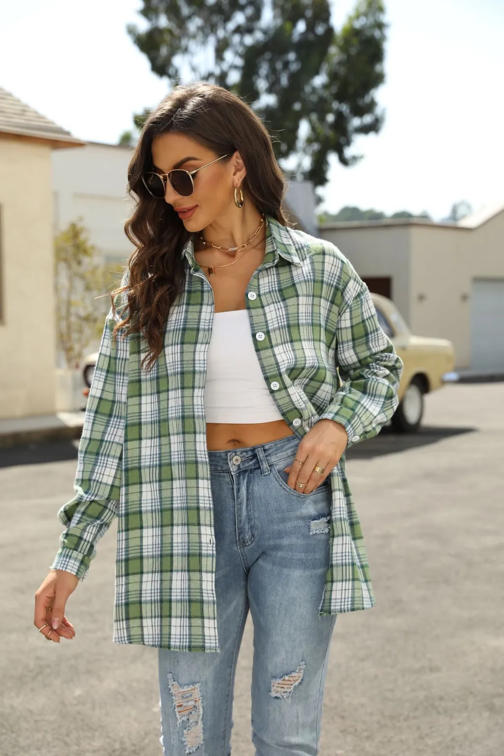 Loose And Slim Lapel Long Sleeved Brushed Plaid Shirt - Green