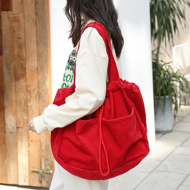 Ins Corduroy Shoulder Bags Drawstring Multi pocket Handbag Women Underarm Bags Red - Shop at LoveMi