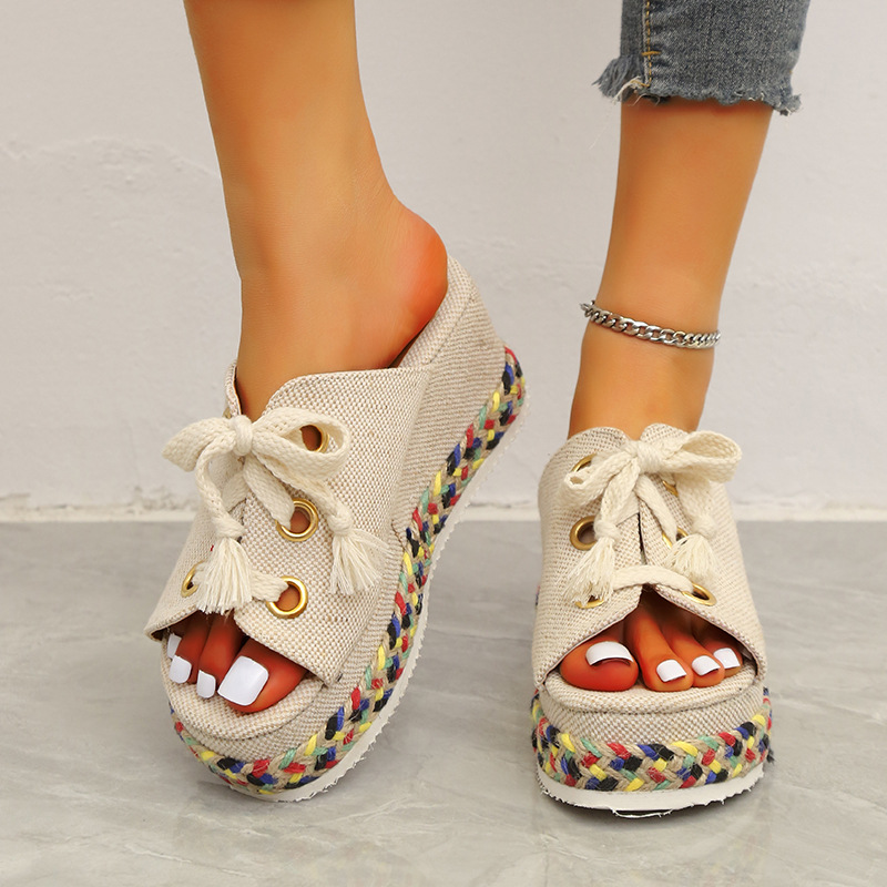Women's Straw Woven Wedge Color-block Lace-up Slippers
