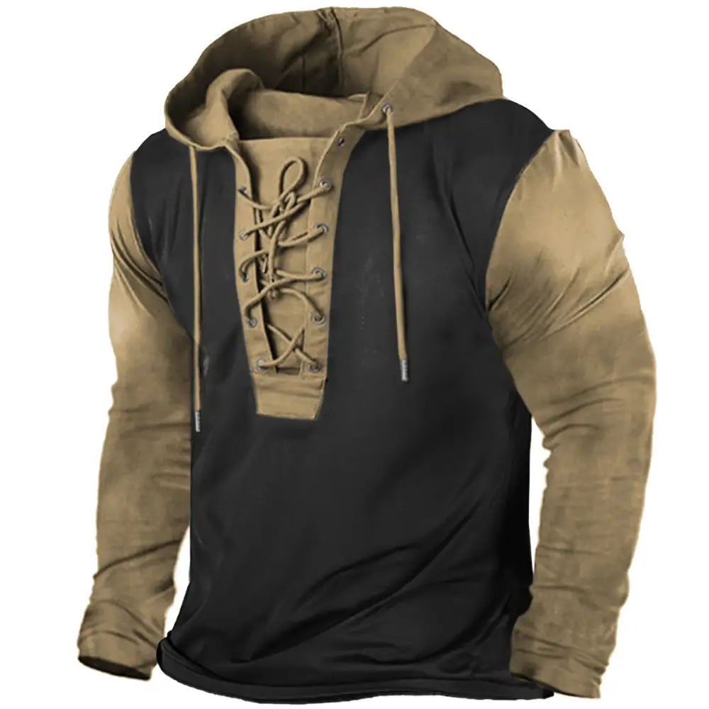 Men's Outdoor Retro Lace-up Hooded Long-sleeved T-shirt Autumn Solid Color Casual Top