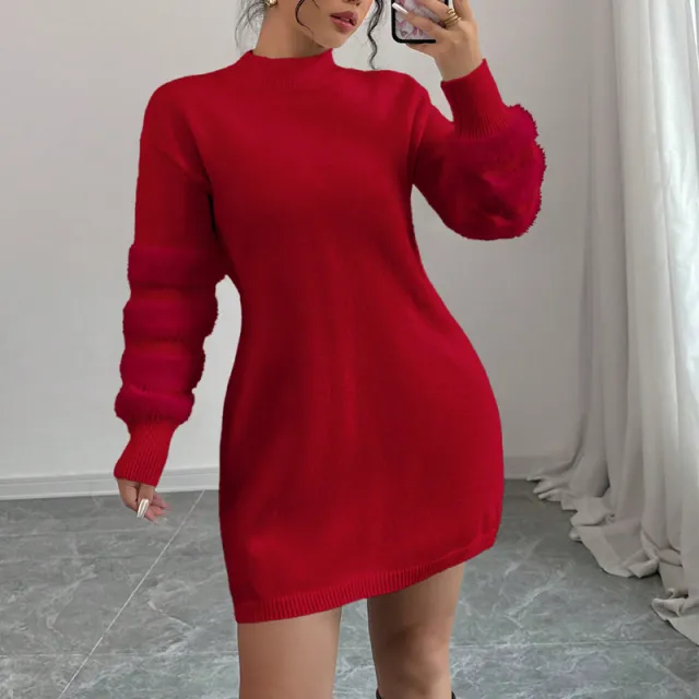 Women's Plush Long Sleeve Mini Dress, Solid Color A Line Fitted Dress With Faux Fur Trim For Winter Parties Red - Shop at LoveMi