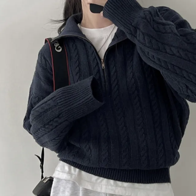 Knitted Blouse Women's Retro Fried Dough Twists Half Zip Blue - Shop at LoveMi