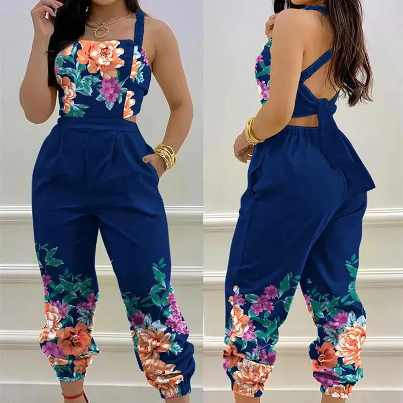 Women's Fashion Casual Print Waist-skimming Jumpsuit - Blue Flower