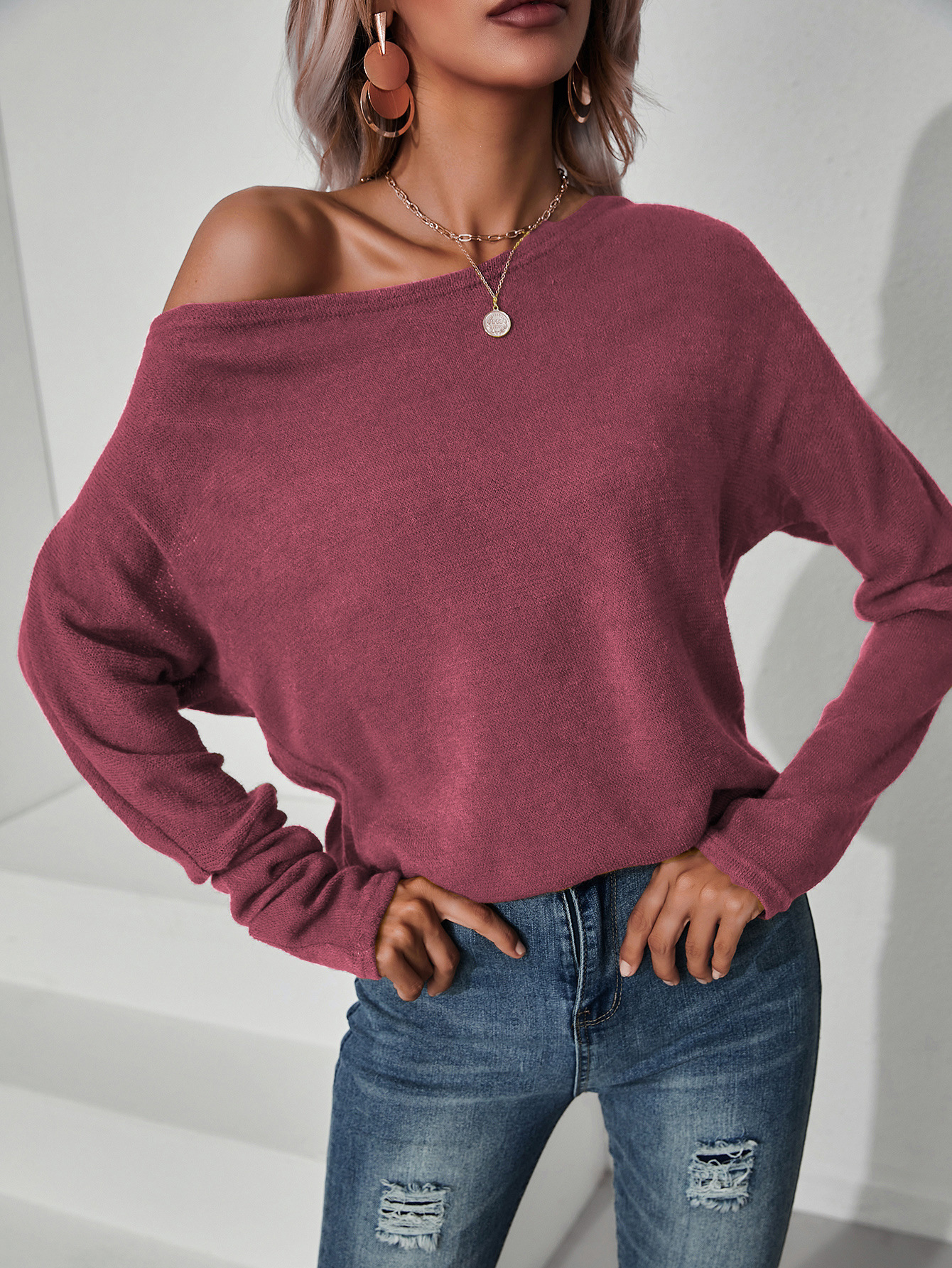 Title 7, Street Solid Color Knitted Oblique Shoulder Top...