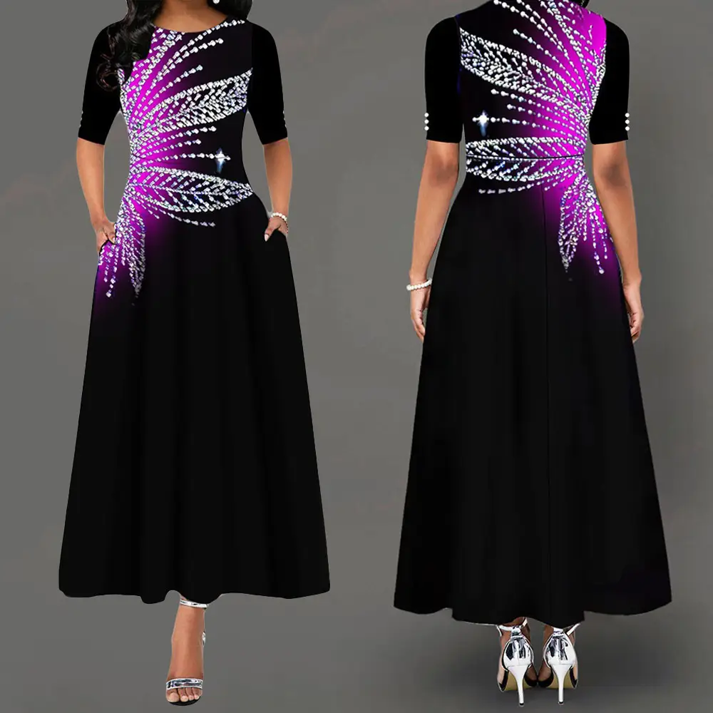 European And American Printed Button Round Neck A-line Dress