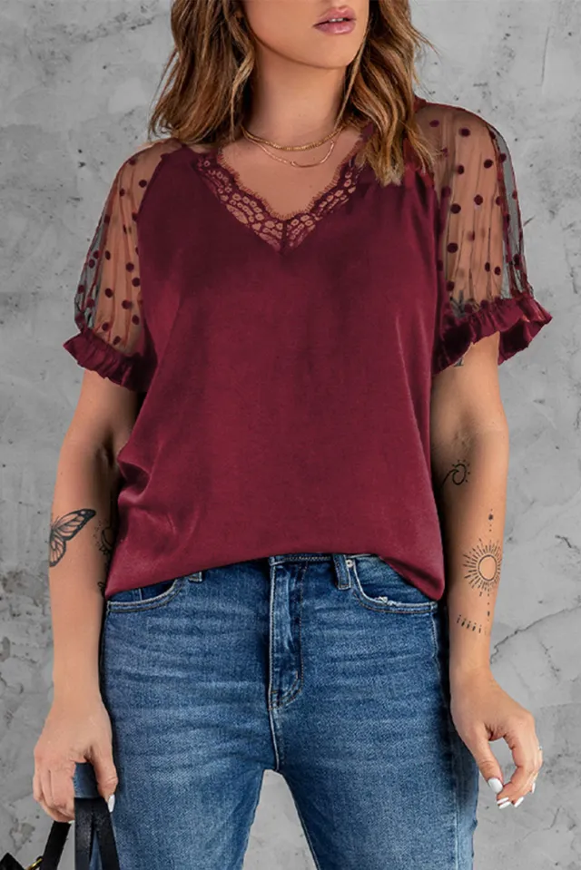 Lace Short Sleeve Top Ladies Slim Fit V Neck Pullover T Shirt Wine - Shop at LoveMi