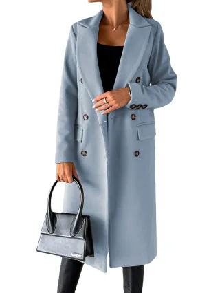 Double Breasted Lapel Coat Winter Fashion Solid Slim Long Jacket Long Sleeve Tops Womens Clothing - Sky Blue