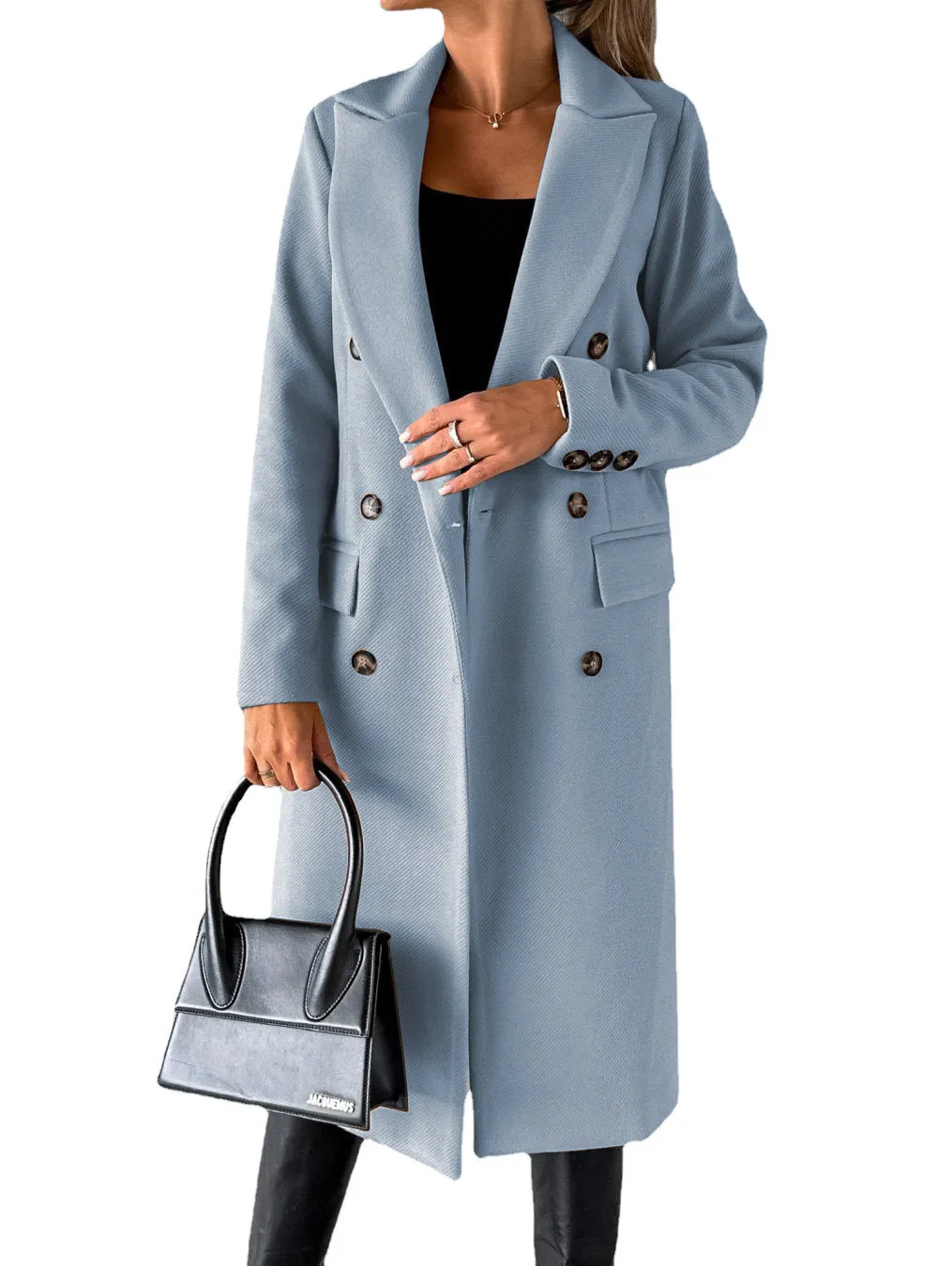 Double Breasted Lapel Coat Winter Fashion Solid Slim Long Jacket Long Sleeve Tops Womens Clothing - Sky Blue