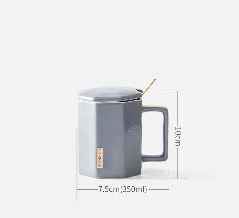 European Geometric Drawing Gold Ceramic Cup With Lid Spoon