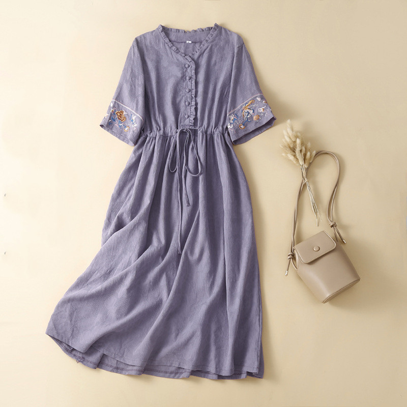 Women's Embroidered Drawstring Mid Length Short Sleeve Dress — image 1