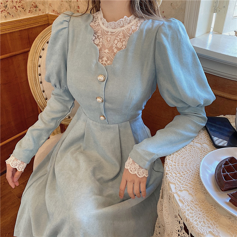 Solid Elegant Dress Women Winter Patchwork Lace Party