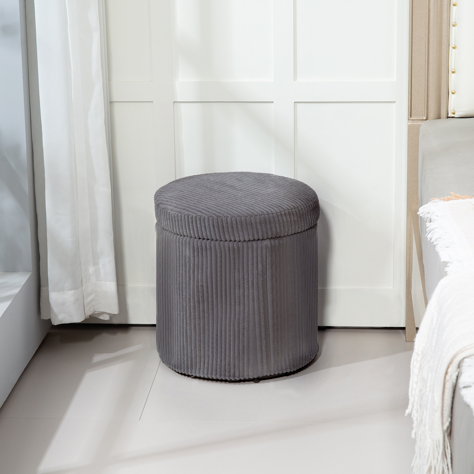 40cm Round Storage Footstool, Made Of Corduroy Material, With Detachable Lid — image 8
