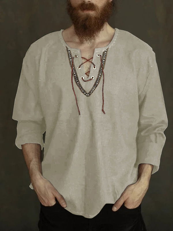 Men's Casual Loose Drawstring Stitching Printed V-neck Long-sleeved Shirt