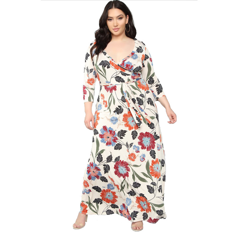 Floral Print V-Neck Skinny Long Dress