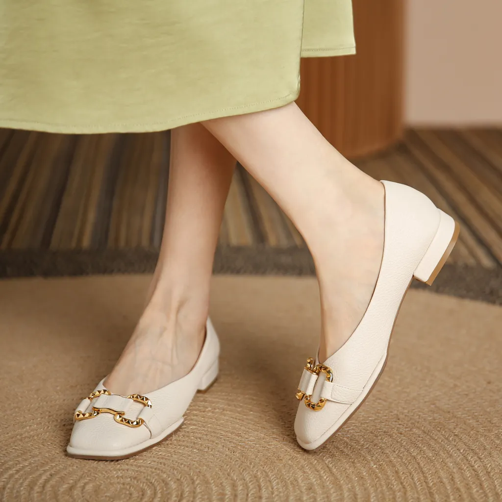 Pebbled Pumps Horsebit Low-heel Shoes - Apricot