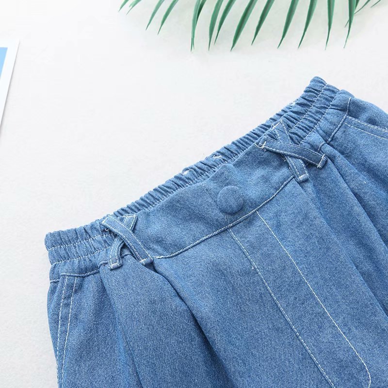 College Wind Blue Denim Patchwork Bear Plaid Embroidery Loose And Thin Cropped Trousers Women