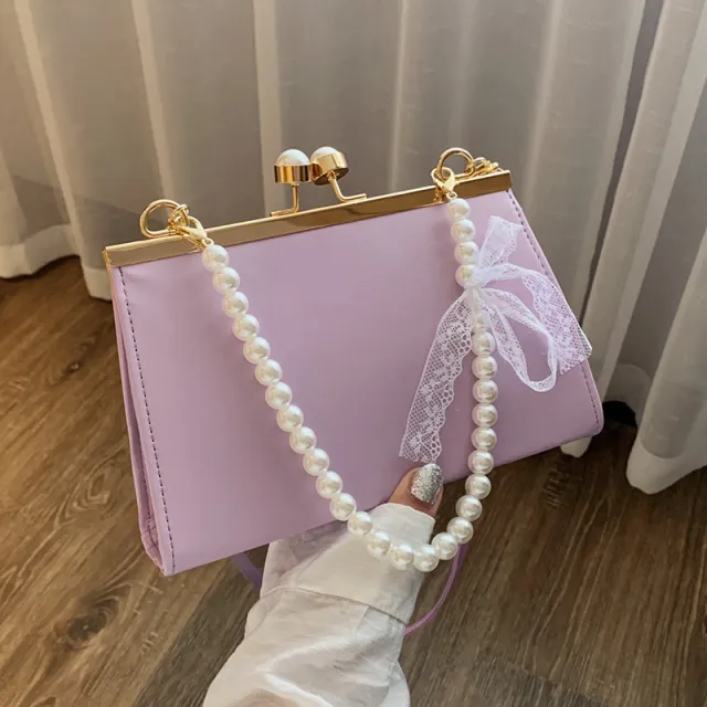 Summer Retro Leather Small Square Bag, Pearl Clip, Shoulder Messenger Bag, Simple Style Handbag Purple - Shop at LoveMi