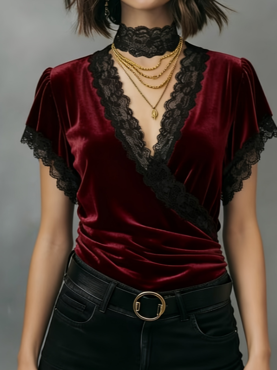 Lace-trimmed V-neck Women's Long-sleeved Slim-fit Shirt